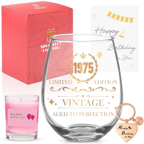 WDJLNZB Regalos Originales Mujer Hombre, Copas de Vino Personalizadas Edición Limitada 1975 con Vela Aromática, Llavero y Tarjeta, Regalo Cumpleaños para Madre, Padres, Amigos y Familiares (1975-50)