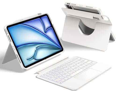 HOU Teclado Giratorio para iPad Air 11 (M3/M2) 2025, Funda Magnética Desmontable con Teclado para iPad Pro 11 (4ª/3ª/2ª/1ª) e iPad Air (7ª/6ª/5ª/4ª),con Panel Táctil, Retroiluminación,Español Ñ-Blanco