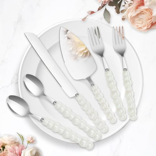 6 Pcs Wedding Cake Knife and Server Set 304 Stainless Steel Cake Cutting Set with White Pearl Handle for Wedding Birthday Anniversary Party Dishwasher Safe