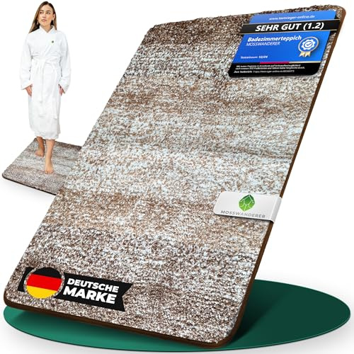 MOSSWANDERER Badezimmerteppich [50x80] Badematte rutschfest – Luxus Badteppich groß & waschbar | Hochwertige Badematten & Badteppiche Badvorleger Duschvorleger für Bad, Dusche & mehr | braun-beige