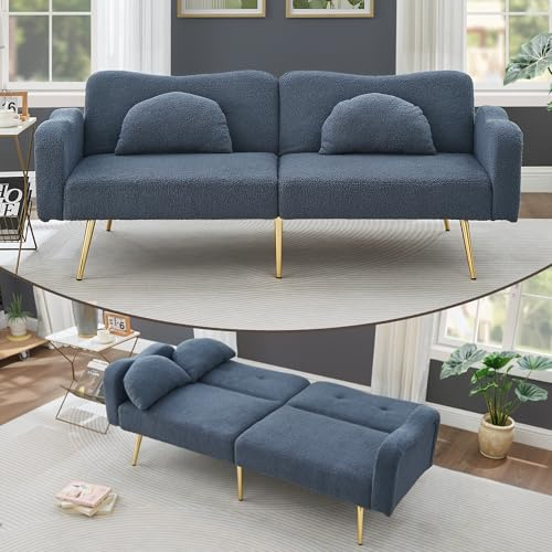 DRIXNO Zweisitzer-Sofabett - Modernes Zweisitzersofa mit Verstellbarer Rückenlehne + Vergoldeten Metallfüßen, integrierter Bettfunktion. Multifunktionales 2-in-1-Möbelstück.