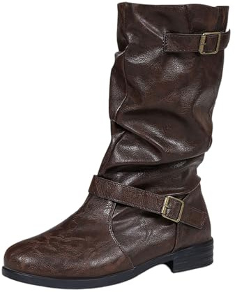 2025 Botas de mujer de pantorrilla media, botines casuales de moda con detalle de hebilla, tacón bajo, zapatos cómodos para trajes de invierno para mujer plana 39