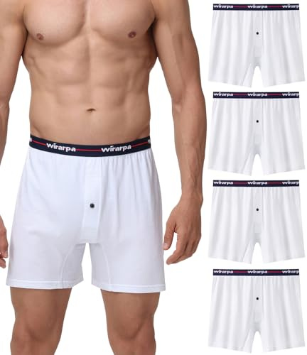 wirarpa Men's Boxer Shorts 100 Cotton Boxers Underwear Loose Fit Button Fly 4 Pack White Medium