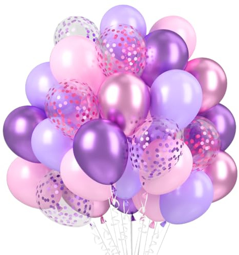 Rosa Lila Ballons, 60 Stück Hell Lila Rosa Luftballons, Violett Metallic Konfetti Latexballon, 12 Zoll Hell Violett Helium Ballons für Mädchen Frau Geburtstag Hochzeit Prinzessinnen Braut Party