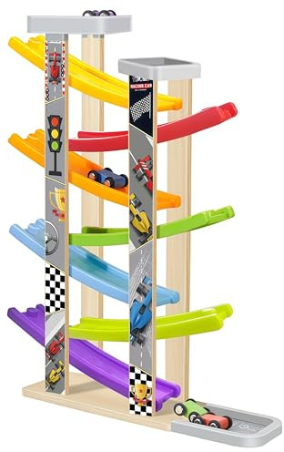 Muslecid Upgrade 7 Ebene Holz-Kugelbahn Autorennbahn mit 7 Autos Spielzeug Kugelbahn ab 1 Jahr für Jungen und Mädchen Lernspielzeug für Kinder, Kinderspielzeug Geschenk