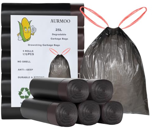 AURMOO Slitstark soppåse 25 l med dragband, nedbrytbara biompapperspåsar, 175 stycken, droppsäkra soppåsar med dragband, slitstarka soppåsar för papperskorg, B50 x H60 cm, svart