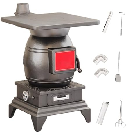 Potbelly Stove Holzofen Heizung für den Innenbereich mit mehreren Brennstoffen mit einer Schublade zum Sammeln von Asche für drinnen und draußen, Kochen und Heizen, Camping (300 cm Kamin, 47 x 40 x 60