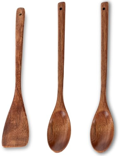 3PCS Kitchen Wooden Utensil Set, Heat Resistant Wooden Spoons for Cooking | Wooden Cooking Utensils Set, Wooden Spatula For Cooking, Long Handle Wooden Kitchen Utensils Wooden Cooking Spoons