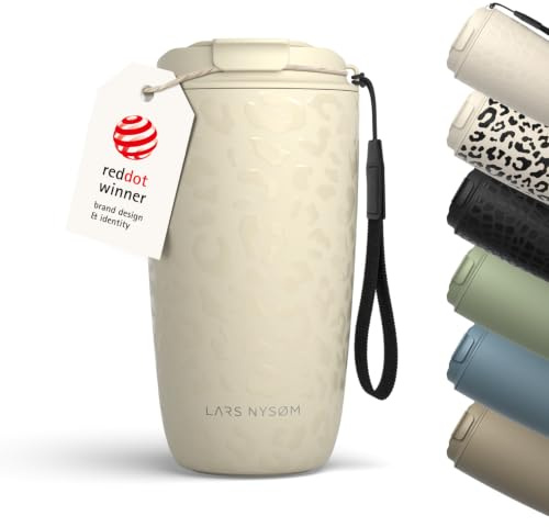 LARS NYSØM Taza térmica café para llevar con correa y Tapa Tritan | Termo Café de 0,5 L con aislante | Travel mug con diseño de patrón de acero inoxidable a prueba de fugas