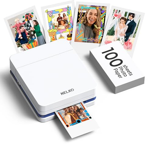 Nelko PP01 Stampante fotografica portatile con 100 fogli di carta e cartuccia d'inchiostro, stampa fotografica istantanea con retro adesivo per iOS/Android, mini stampante tascabile con divertente app