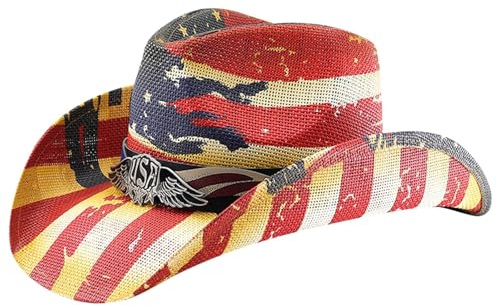 Celanisai Sombrero de vaquero occidental de paja vintage sombrero occidental con bandera americana transpirable versátil gorro para fiesta festival accesorio de vacaciones para hombres y mujeres gorra