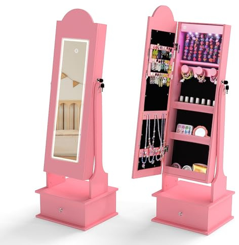 COSTWAY Kinder Schmuckschrank mit Beleuchtung, 2 in 1 Spiegelschrank abschließbar mit 3 farbigem Ganzkörperspiegel, 4 LED-Leuchten & Schublade, Schmuck-Organizer neigbar für Kinderzimmer (Rosa)