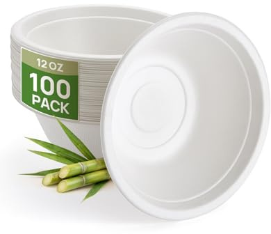Goodluck 100 Pack Compostable Paper Bowls | 12oz/340ml Disposable Bowls,Heavy Duty Bagasse Soup Bowls,Microwave Safe,Perfect for Soup, Cereal, Salad & Parties
