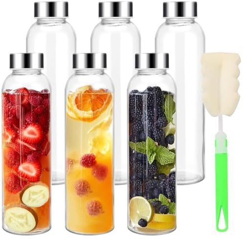 6 Pack 500ml Glass Water Bottles with Stainless Steel Lids, Glass Juice Bottles, Reusable Drinking Bottle, Clear Glass Bottles for Juicing, Sauce Jar, Hot & Cold Drinks, Milk,With Cleaning Brush