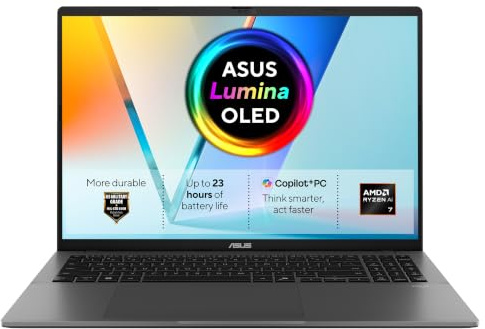 ASUS Vivobook S 16 M3607GA Copilot+ PC | 16 WUXGA 16:10 OLED Display | AMD Ryzen AI 7 445 | 32GB RAM | 1TB SSD | AMD Radeon | Win11 Home | QWERTZ | Matte Gray
