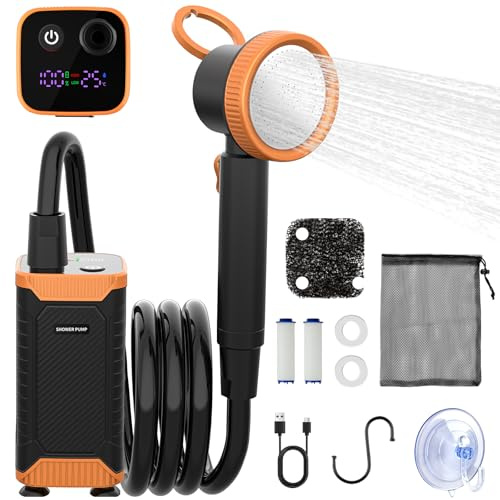 Heyeke Portable Camping Shower, 8000mAh Rechargeable Battery Pump | LED Display, 10L/min Flow, 2 Modes & IPX8 Waterproof – Outdoor Travel Electric Shower Head Kit for Camp, Hiking, Car, Pet