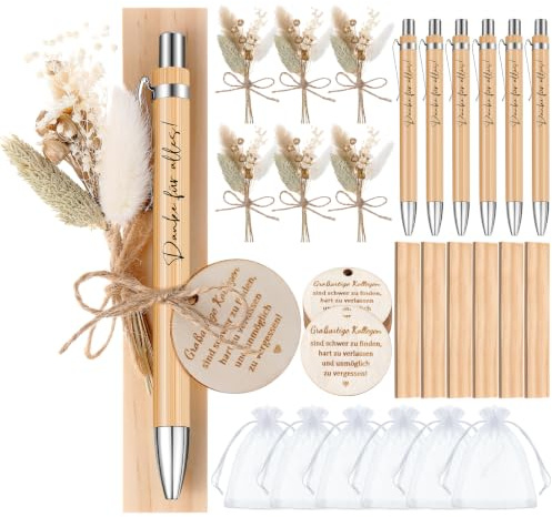 Hestya 6 Set Großartige Kollegen Danke Geschenke, Abschiedsgeschenk | Kugelschreiber mit Planke, Trockenblumen, Organzabeutel Holzanhänger, für Jobwechsel Mitarbeiter Team Rente, für Weihnachten