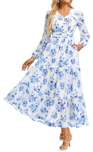 GRACE KARIN Women's A-line Maxi Dress Summer Floral Wedding Guest Dresses | Long Sleeve V-neck Chiffon Dress with Pockets, Zip Up, Shirred Back Waist, Wedding Party Holiday Dresses for Women UK