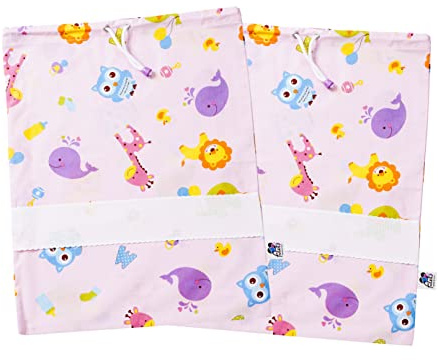 FILET - Set 2 Sacchetti Asilo in Cotone Stampato, Sacchetti Cambio, Sacchetti Corredino, Sacchetti Scarpe, con Tela Aida da Ricamare, Made in Italy, 42 x 34 cm, Fantasia Lettere e Animali Rosa