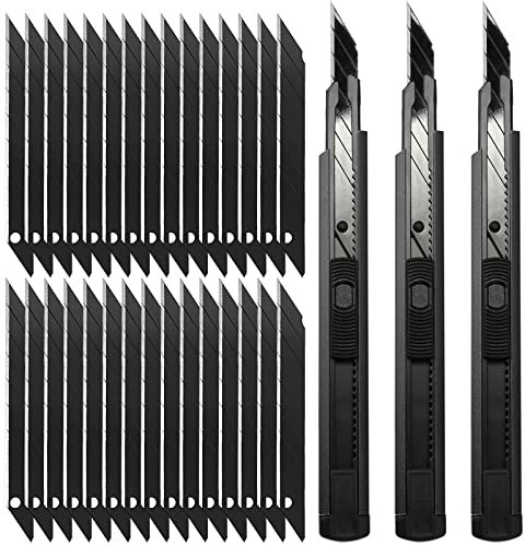 FOSHIO 3 Stück Professional 9mm Messer Cuttermesser mit 30 pcs 30°Abbrechklingen, Cuttermesser Profi, Cutter klingen für Folien, Papier, Basteln und Tapete Schwarz