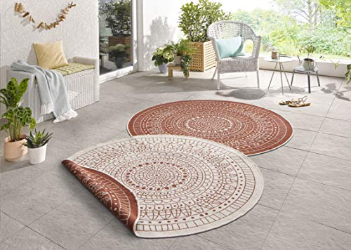 Hanse Home Northrugs Porto In- und Outdoor Teppich Rund – Runder Wendeteppich Wasserfest Mandala Design Flachgewebe Teppich Wetterfest für Balkon, Terrasse, Garten, Wohnzimmer in Terra Creme, ⌀100cm