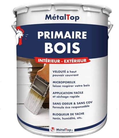 Metaltop - Primaire Bois - Blanc pur - RAL 9010-1 L - Sous-couche d'accrochage pour toutes peintures à l'eau