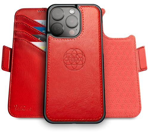 dreem Wallet Case for iPhone 16 Pro Max, Revolutionary Vert/Hor Phone Stand, Magnetic Detachable Vegan Leather Flip Cover RFID Blocking Card Holder, MagSafe-Fit, Gift Box [Fibonacci: Red]