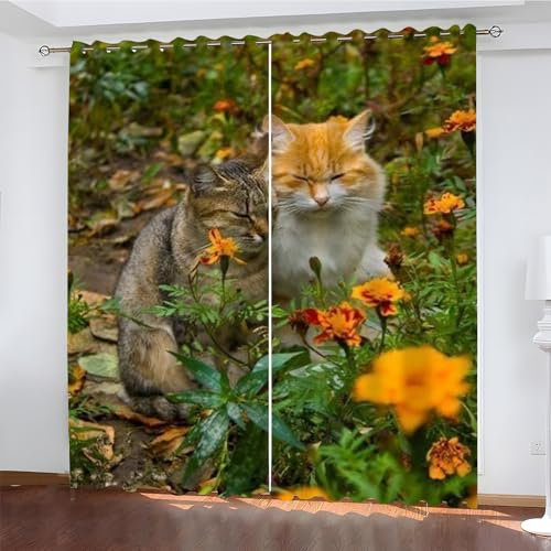 YZQGLHP Gardinen Gelbe Blume Vorhänge Katze Verdunklungsvorhänge Schiebe Schallschutz Vorhang mit Ösen für Schlafzimmer Wohnzimmer H245 x B140 cm 2 teiliges Set