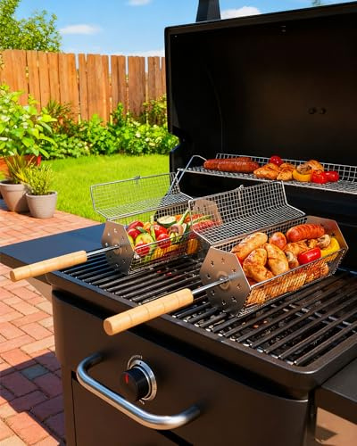 Rollende Grillkörbe aus Edelstahl mit abnehmbarem Griff (Hexagonal), 2 Stück tragbare Grillnetze für das Kochen im Freien – ideales Zubehör für Gemüse, Garnelen und Huhn, perfektes Grillgeschenk für