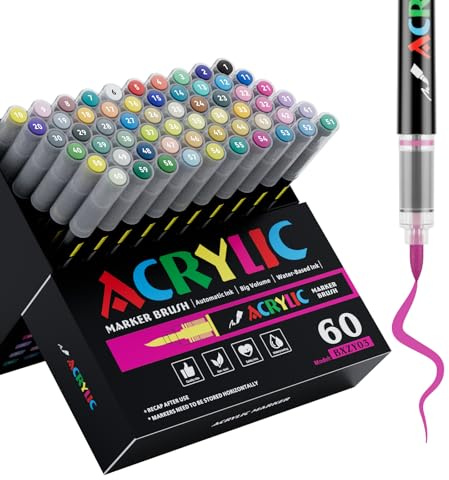 60 Colors Acrylic Marker With Brush Tip Automatic Ink Control, Water Based Ink Paint Markers For Rock Painting, Canvas, Wood, Ceramic, Glass, Stone, Fabric, DIY Crafts Textile & Art Supplies