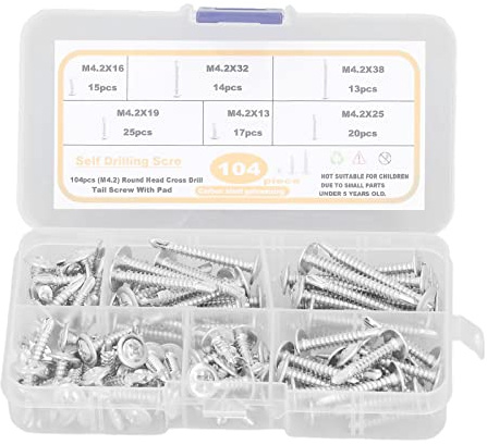 104 Pcs Self Drilling Screw M4.2 Cross Slot Round Washer Head Carbon Steel Self Drilling Screw for Household Appliance Furniture Woodworking DIY Jobs