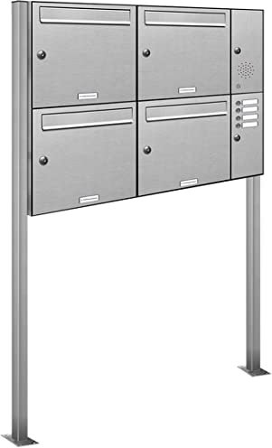 AL Briefkastensysteme 4er Edelstahl Standbriefkasten mit Klingel rostfrei als 4 Fach Briefkastenanlage in Postkasten Briefkasten Design modern
