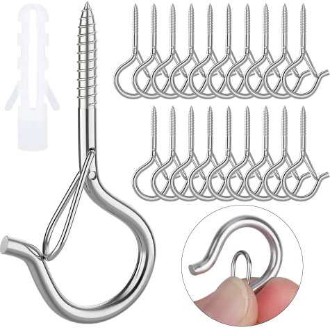 MOGADEE® 20 Stück Schraubhaken Edelstahl,Haken zum Schrauben,Deckenhaken Schwerlast mit Schrauben,Schraubhaken mit Sicherung,Hakenschrauben zum Aufhängen Pflanzenkörben Weihnachtsdekoration Katzennetz