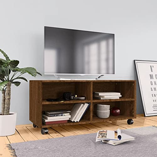Homgoday Mobile TV con Ruote Rovere Marrone 90x35x35cm Legno Multistrato, Mobile Porta TV, Mobiletto Basso per TV Tavolino da Salotto Supporto TV per Soggiorno