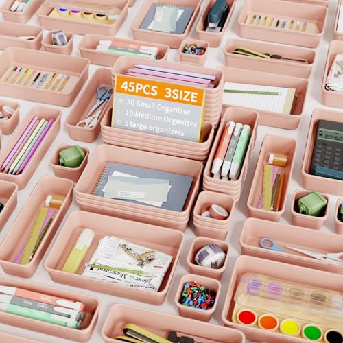 Giklux 45 Pcs Makeup Drawer Organiser Trays, 3 Sizes Desk Drawer Dividers Organisers for Cutlery, Kitchen, Bathroom, Office, Cosmetics, Vanity, Dress Table, Tool Box, Plastic Junk Draw Organiser, Pink