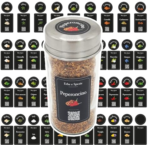 90 italienische Gewürzetiketten, schwarz, mit Illustrationen und QR-Code für Rezepte und Informationen/Klebeetiketten für Gläser, Karussell, Gewürzregal für Küche/Gewürzregal, Gewürzgläser
