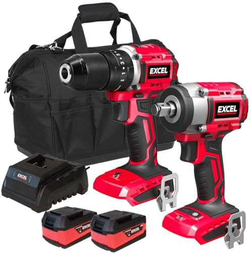 Excel 18V Twin Pack Combi Drill & Impact Wrench with 2 x 5.0Ah Battery & Charger - Power Tool -Twin Kit -18V Cordless Power Tool Kits-Cordless Kit -Combo Kit-Mega Power Tool-Excel Kit