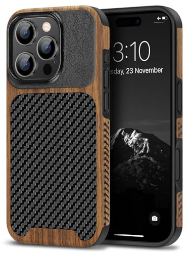 TENDLIN Compatible with iPhone 16 Pro Max Case (Black) | Wood Grain with Carbon Fiber Texture Design Leather Hybrid Slim Case