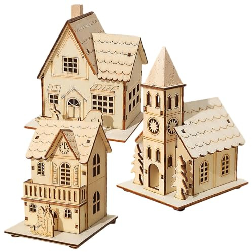 Set maqueta casa Madera, Wooden Glowing Cabin Ornament, 3 Piezas Pueblo Navideño Madera con LED Luz, Christmas Village House Crafts, Pueblo de Navidad Luminoso, Holiday Wooden Decor