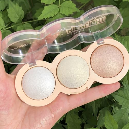 KARLOR Highlighter Palette, 3 Colors Face Highlighter Powder, Shimmery Finish, Metallic Neutral Color Family, Silver, Light Champagne, Bronze, Powder Palette