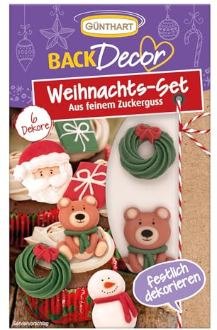 Günthart BackDecor Weihnachts Set mit 6 weihnachtliche essbare Zucker Figuren, Schneemann, Bär, Nikolaus, Geschenk und Kranz, 1er Pack (18 gr)