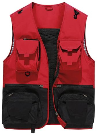 YOUTHUP Fiskeväst för män utomhus sommar verktyg arbete safarivästar flera fickor jakt resor foto Gilet, Röd, L