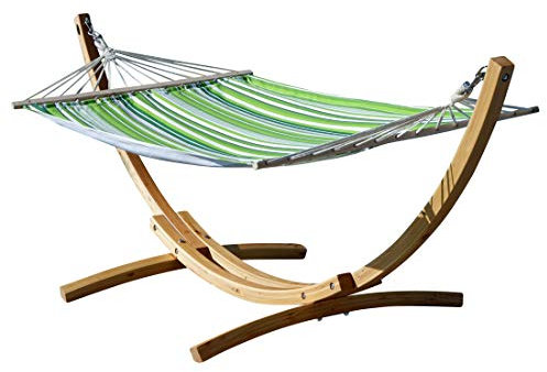 ALEOS. 320cm Hängemattengestell Blanca-SOSUA Hängematte mit Gestell aus Holz Lärche Natur mit grün gestreifter Stabhängematte