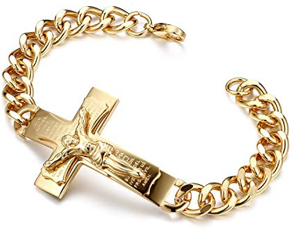 Flongo Herrenarmband Männer Kette Armkette, Edelstahl Rosenkranz Armband Armreif Armkette Panzerkette Englisch Bibel Kreuz Kruzifix Jesus Silber Gold Golden Biker Herren-Accessoires