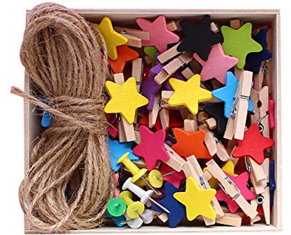 JIHUOO 50 Pieces Mini Star Pegs Wooden Pegs Photo Clips Clothespins Paper Craft Pegs with String and Nail