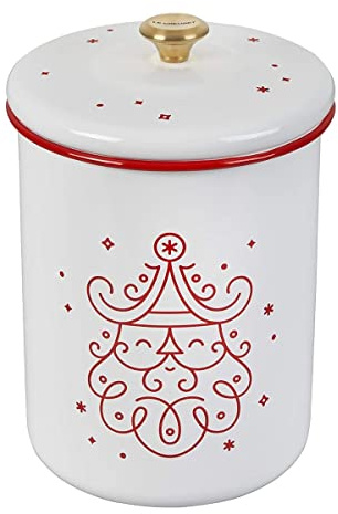 Le Creuset Noel Collection Keksdose, Emaille auf Stahl, 16 x 21 cm, Weiß mit Kirsch-Applikation und goldfarbenem Knauf