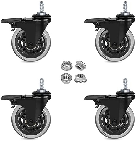 Hirate Set di 4 ruote girevoli da 7,6 cm con attacco filettato da 5/16-18UNC con freno, set di 4 ruote girevoli bloccabili con dadi di bloccaggio flangiati per mobili carrelli industriali