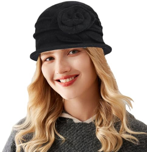 ITODA Wollmütze Winter Glockenhut Damen Wintermütze mit Blumen Eimerhut Elegant Retro Damenmütze Warm Weich Winterhut Herbst Fischermütze Winddicht Wollhut Fedora Elastisch Damenhut Outdoor Freizeit
