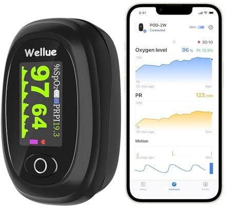Wellue Pulse Oximeter Fingeroximeter with Bluetooth，Oxygen Monitor Finger Adults with Free App，Monitor Blood Oxygen Saturation and Heart Rate, with Alarm & Battery
