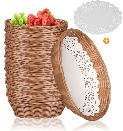 Yimerlen 12 Pcs Oval Small Plastic Bread Basket, Wicker Basket for Serving 2.36x9x6.4 Inch Woven Food Storage Basket, Fruit Basket, Gift Basket (Comes with Food Blotting Sheets) Brown